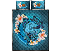 Papua New Guinea Polynesian Quilt Bed Set - Blue Plumeria Animal Tattoo - Polynesian Pride