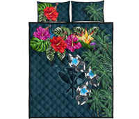 Kanaka Maoli (Hawaiian) Quilt Bed Set - Hibiscus Turtle Tattoo Blue Art - Polynesian Pride