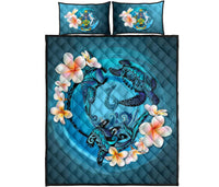 Solomon Islands Polynesian Quilt Bed Set - Blue Plumeria Animal Tattoo - Polynesian Pride