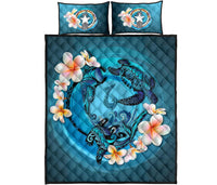 Northern Mariana Islands Polynesian Quilt Bed Set - Blue Plumeria Animal Tattoo - Polynesian Pride