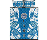Northern Mariana Islands Quilt Bed Set - Northern Mariana Islands Seal & Polynesian White Tattoo Style Blue - Polynesian Pride