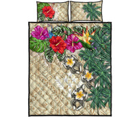 Kosrae Polynesian Quilt Bed Set - Hibiscus Turtle Tattoo Beige - Polynesian Pride