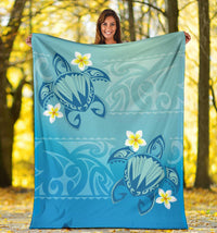 Hawaii Plumeria Deep Blue Turtle Premium Blanket - Polynesian Pride