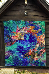 Tahiti Polynesian Premium Quilt - Tahiti Flag Sea Turtle Coral Treasure - Polynesian Pride