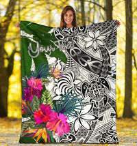 New Caledonia Custom Personalised Premium Blanket White - Turtle Plumeria Banana Leaf Crest - Polynesian Pride