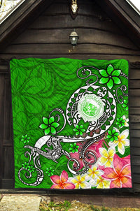 Hawaii Polynesian Premium Quilt - Hawaii Seal With Turtle Plumeria (Green) - Polynesian Pride