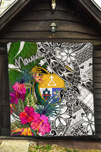 Nauru Premium Quilt White - Turtle Plumeria Banana Leaf Crest - Polynesian Pride