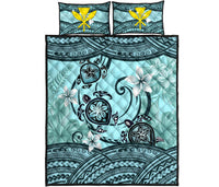 Kanaka Maoli (Hawaiian) Quilt Bed Set - Polynesian Turtle Plumeria Blue Blue - Polynesian Pride