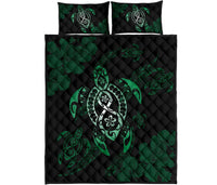 Hawaii Quilt Bed Set - Hawaii Polynesian Turtle Quilt Bed Set Flow Of Turtle Green Black - Polynesian Pride