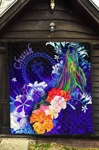 Chuuk Premium Quilt - Humpback Whale with Tropical Flowers (Blue) - Polynesian Pride