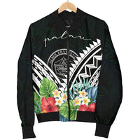 Palau Men's Bomber Jacket - Palau Caledonia Coat of Arms & Polynesian Tropical Flowers White - Polynesian Pride