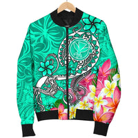 Hawaii Men's Bomber Jacket - Turtle Plumeria Polynesian Tattoo Turquoise Color - Polynesian Pride