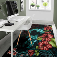 Polynesian Area Rug Turtle And Shark - Hibiscus Turquoise - Polynesian Pride