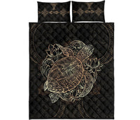 Hawaiian Polynesian Quilt Bed Set - Gold Turtle Floral Gold - Polynesian Pride