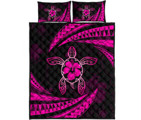 Hawaii Quilt Bed Set - Hibiscus Turtle Tribal Waves Pink Art - Polynesian Pride