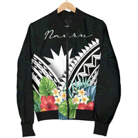 Nauru Men's Bomber Jacket - Nauru Coat of Arms & Polynesian Tropical Flowers White - Polynesian Pride
