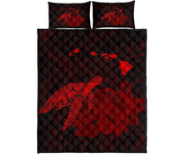 Hawaii Polynesian Hibiscus Turtle Map Quilt Bed Set - AH - Red Red - Polynesian Pride