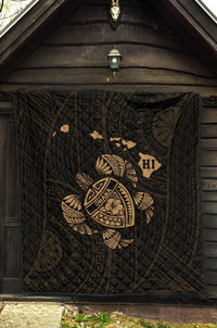 Hawaii Turtle Hibicus Map Premium Quilt - Gold - Polynesian Pride