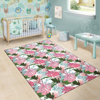 Pink Monstera And Green Tropical Leaves White Rug - Polynesian Pride