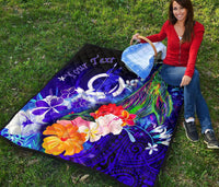 Vanuatu Custom Personalised Premium Quilt - Humpback Whale with Tropical Flowers (Blue) - Polynesian Pride