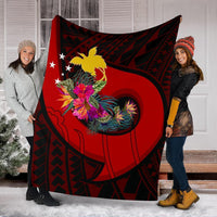 Papua New Guinea Premium Blanket - Polynesian Hook And Hibiscus (Red) - Polynesian Pride