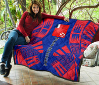 Wallis And Futuna Premium Quilt - Wallis And Futuna Coat Of Arms Polynesian Red Tattoo (Dark Blue) - Polynesian Pride