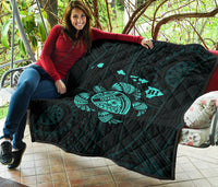 Hawaii Turtle Hibicus Map Premium Quilt - Turquoise - Polynesian Pride