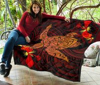 Hawaii Hibiscus Polynesian Red Big Turtle Premium Quilt - Polynesian Pride