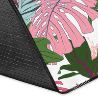 Pink Monstera And Green Tropical Leaves White Rug - Polynesian Pride