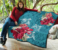 Hawaii Turtle Hibiscus Plumeria Blue Polynesian - Premium Quilt AH - Polynesian Pride