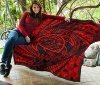 Hawaiian Kanaka Honu Hibiscus Tornando Red Polynesian Premium Quilt - Polynesian Pride