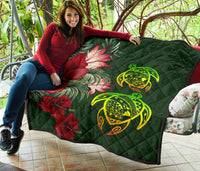 Hawaii Premium Quilt - Turtle Hibiscus Pattern Hawaiian Premium Quilt - Green - Polynesian Pride