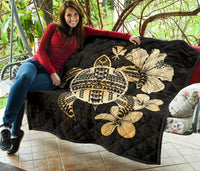 Hawaiian Kanaka Hibiscus Plumeria Mix Polynesian Turtle Premium Quilt Gold AH - Polynesian Pride