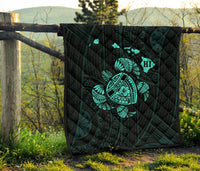 Hawaii Turtle Hibicus Map Premium Quilt - Turquoise - Polynesian Pride