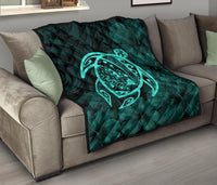Hawaii Turtle Kanaka Map Hibiscus Poly Premium Quilt - Turquoise - Polynesian Pride