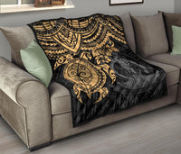 Vanuatu Polynesian Premium Quilt - Vanuatu Coat Of Arms & Gold Turtle Hibiscus - Polynesian Pride