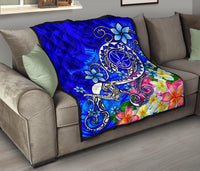 Hawaii Premium Quilt - Turtle Plumeria Polynesian Tattoo Blue Color - Polynesian Pride
