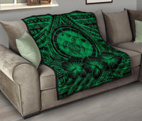 Hawaii Premium Quilt - Hawaii Map Honu Hibiscus Green Polynesian Premium Quilt - Polynesian Pride