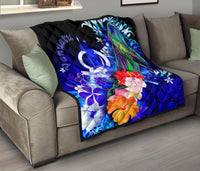 Vanuatu Premium Quilt - Humpback Whale with Tropical Flowers (Blue) - Polynesian Pride