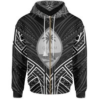 Guam Zip Hoodie Guam Seal Black Tribal Patterns Unisex White - Polynesian Pride
