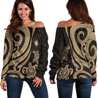 Marshall Islands Women's Off Shoulder Sweater - Gold Tentacle Turtle Gold - Polynesian Pride