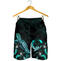 Pohnpei Polynesian Men's Shorts - Turtle With Blooming Hibiscus Turquoise - Polynesian Pride