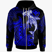 Hawaii Zip up Hoodie Hammerhead Shark Tribal Pattern Blue Unisex Blue - Polynesian Pride