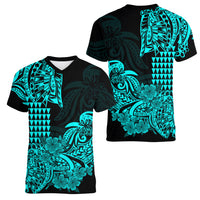 Hawaii Kakau Women V Neck T Shirt Polynesian Floral Tribal Aqua Version LT9 Female Aqua - Polynesian Pride