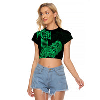 Hawaii Kakau Raglan Cropped T Shirt Polynesian Floral Tribal Green Version LT9 Female Green - Polynesian Pride