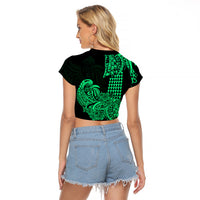 Hawaii Kakau Raglan Cropped T Shirt Polynesian Floral Tribal Green Version LT9 - Polynesian Pride