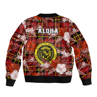 Hawaii State Sleeve Zip Bomber Jacket Tropical Flowers Mix Tartan Red Version LT14 - Polynesian Pride