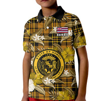 Hawaii State Kid Polo Shirt Tropical Flowers Mix Tartan Gold Version LT14 Kid Gold - Polynesian Pride