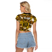 Hawaii State Raglan Cropped T Shirt Tropical Flowers Mix Tartan Gold Version LT14 - Polynesian Pride