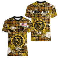 (Custom Personalised) Hawaii State Women V Neck T Shirt Tropical Flowers Mix Tartan Gold Version LT14 Female Gold - Polynesian Pride